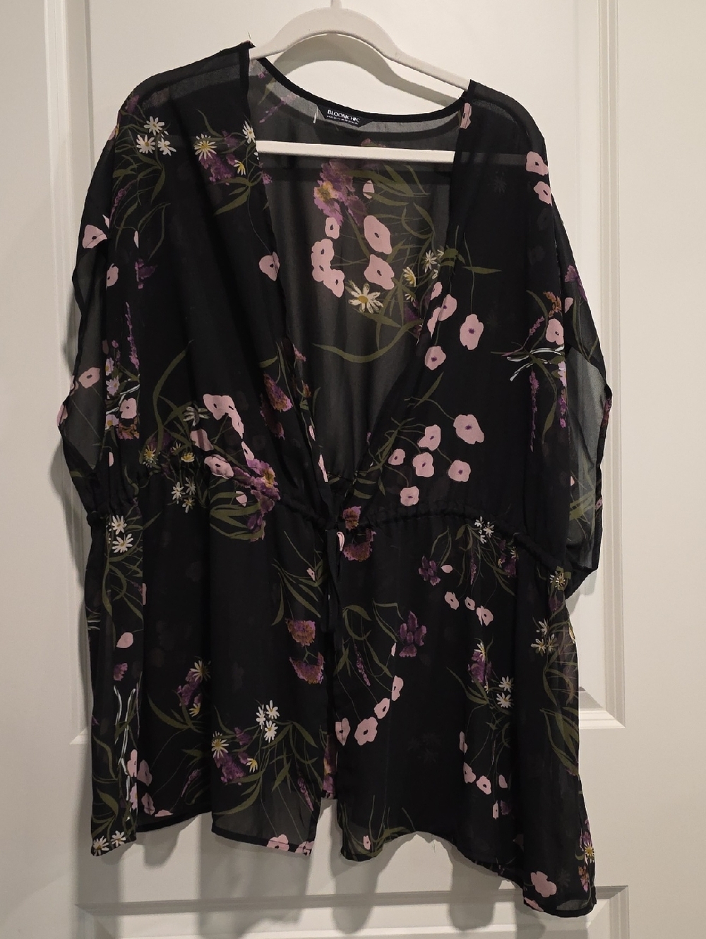 BloomChic Black Floral Sheer Kimono with Pink & Purple Accents